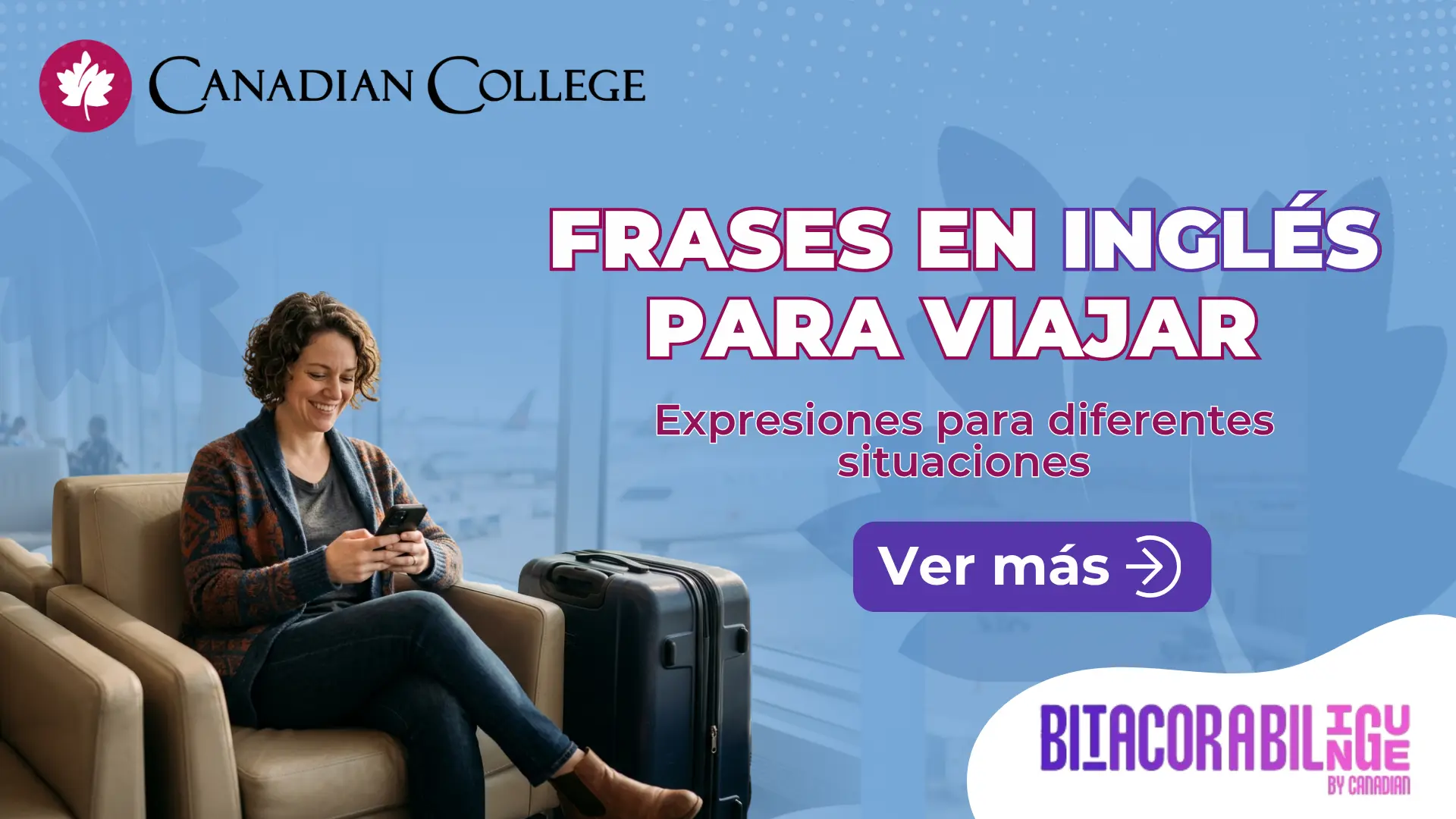 Banner con una mujer en la sala de espera de un aeropuerto con su maleta junto al texto "FRASES EN INGLÉS PARA VIAJAR" sobre fondo azul.