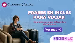 Banner con una mujer en la sala de espera de un aeropuerto con su maleta junto al texto "FRASES EN INGLÉS PARA VIAJAR" sobre fondo azul.