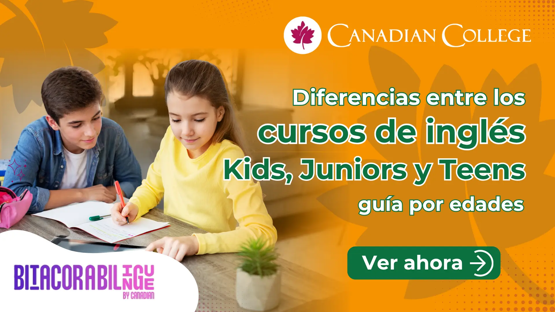 Banner con una niña escribiendo en un cuaderno junto a un joven estudiando y el texto "Diferencias entre los cursos de inglés Kids, Juniors y Teens."