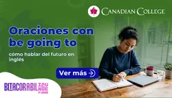 Banner con una mujer escribiendo en una libreta junto a una taza de café y el texto "Oraciones con be going to: cómo hablar del futuro en inglés."