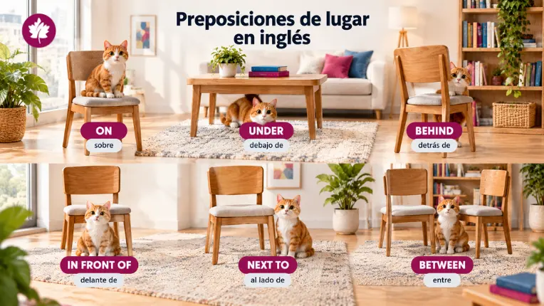 Guía didáctica que muestra posiciones espaciales de un gato para facilitar el aprendizaje de preposiciones en inglés.