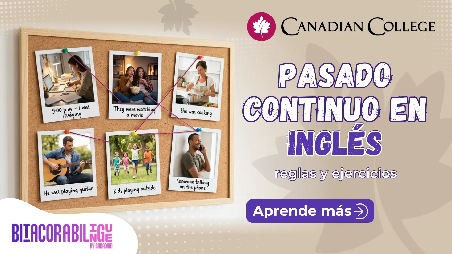Banner con un tablero de corcho con fotos polaroid y conectores junto al texto "PASADO CONTINUO EN INGLÉS: reglas y ejercicios" sobre fondo claro.