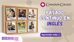 Banner con un tablero de corcho con fotos polaroid y conectores junto al texto "PASADO CONTINUO EN INGLÉS: reglas y ejercicios" sobre fondo claro.