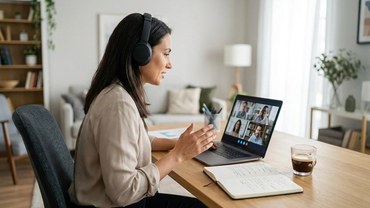 Mujer con audífonos en una videollamada con cuatro personas, con un cuaderno y un café sobre la mesa