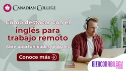 Banner con un hombre trabajando con audífonos en laptop junto al texto "Cómo destacar con el inglés para trabajo remoto. Abre oportunidades globales."