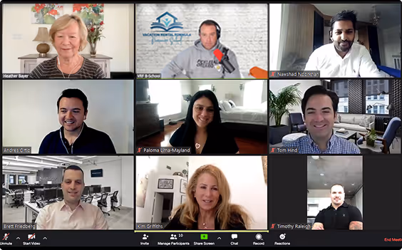 Grid of nine people in a virtual video conference with diverse home and office backgrounds.