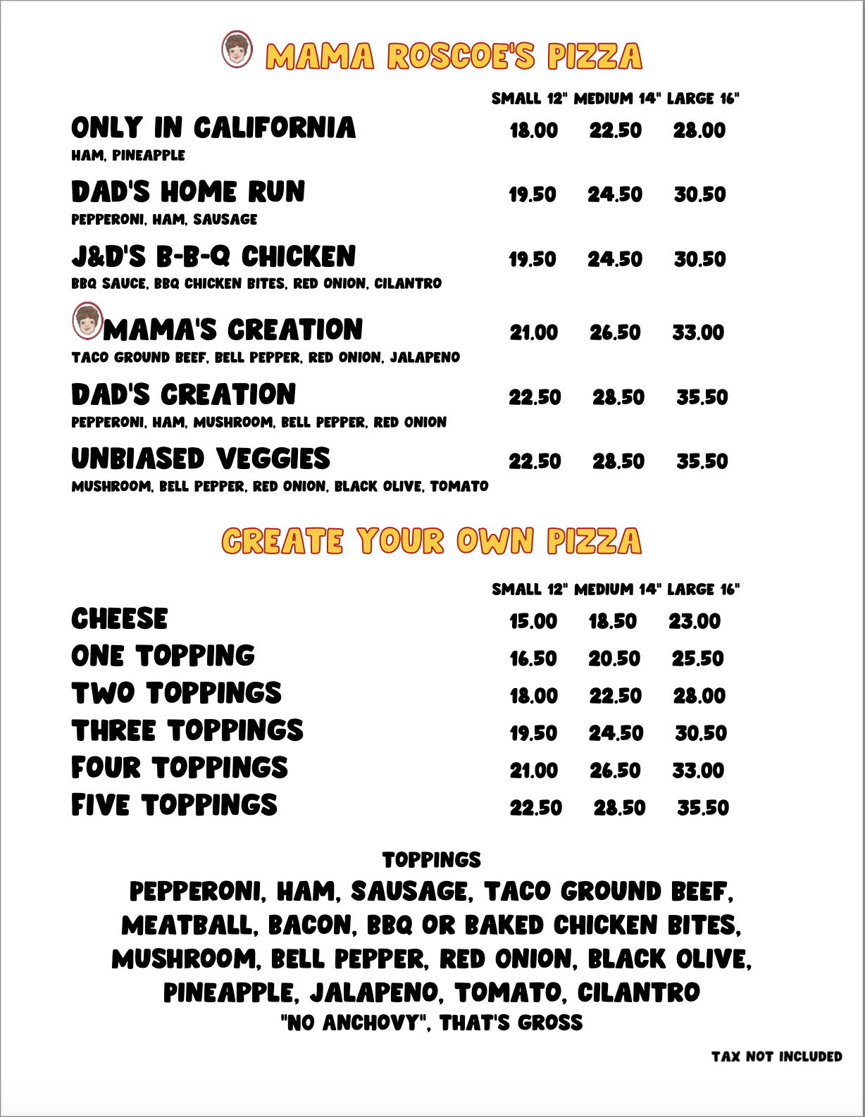 2nd page of our menu. Showing DIY pizzas, and cold and hot sandwiches.