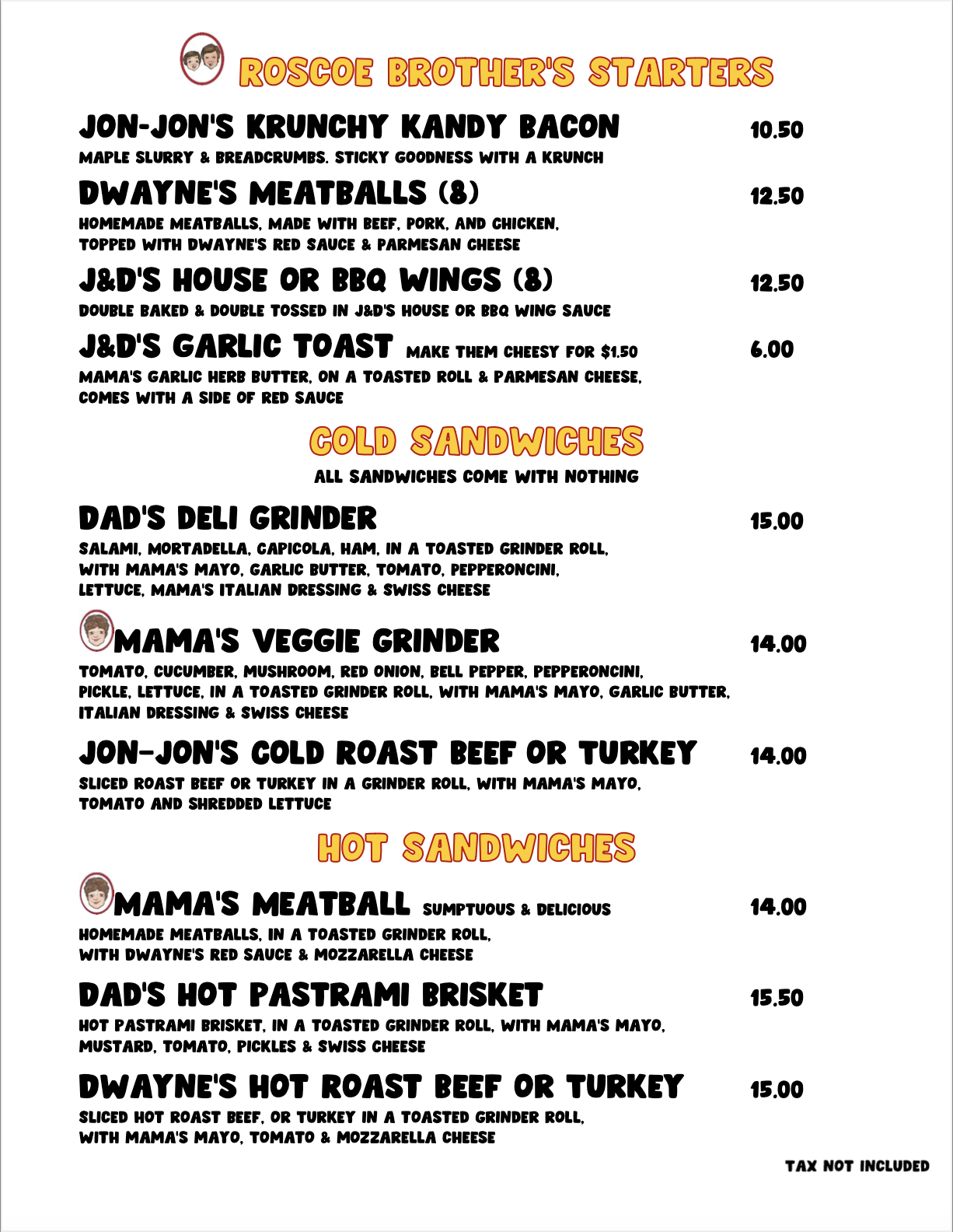 1st page of our menu.  Showing starters, pizzas, and salads.