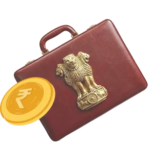 Maroon briefcase with the gold Emblem of India and a floating gold rupee coin illustration.