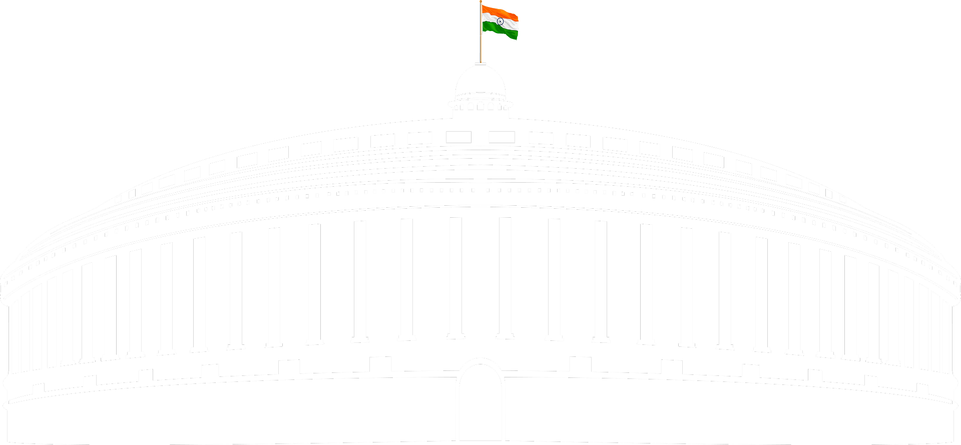 Black and white illustration of a round parliamentary building with multiple columns and an Indian flag on top.