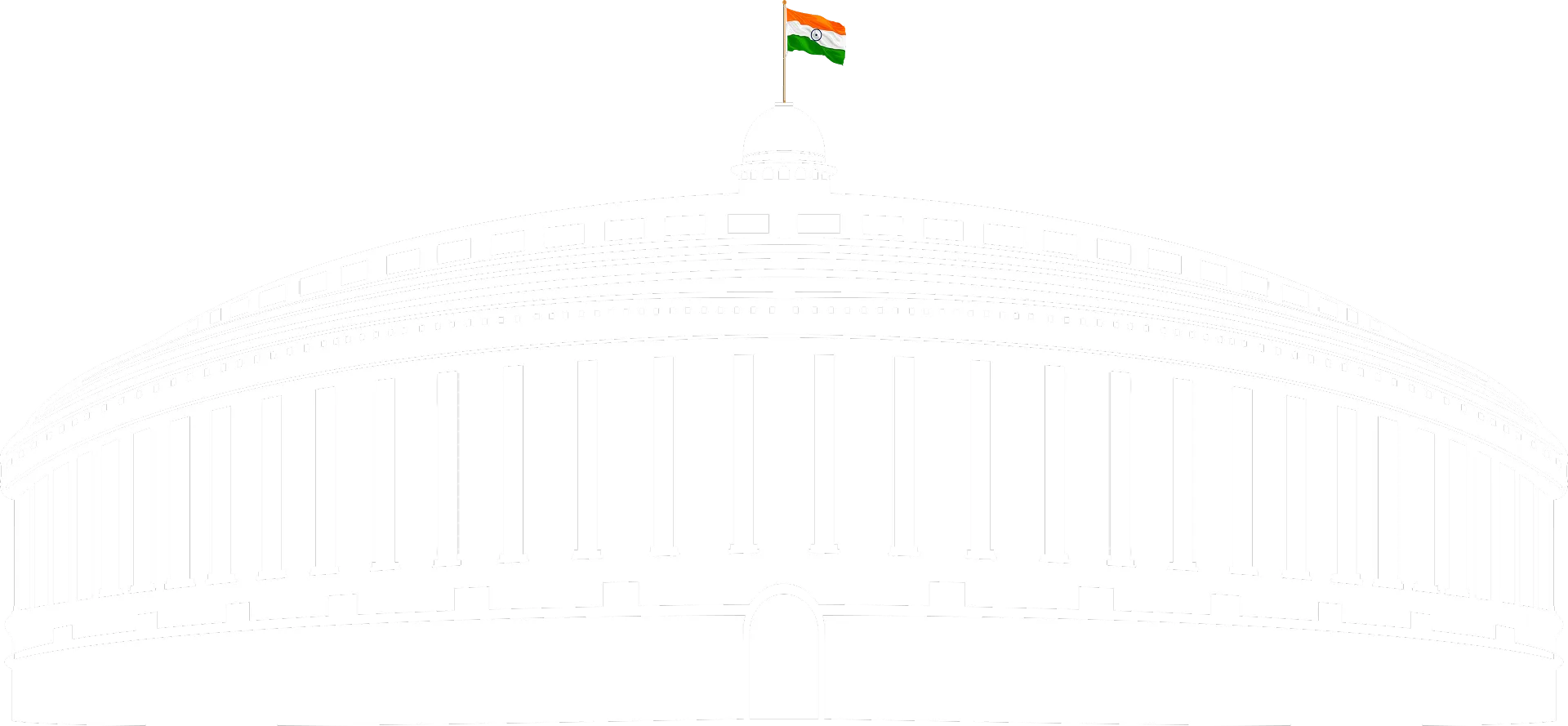 Black and white illustration of a round parliamentary building with multiple columns and an Indian flag on top.