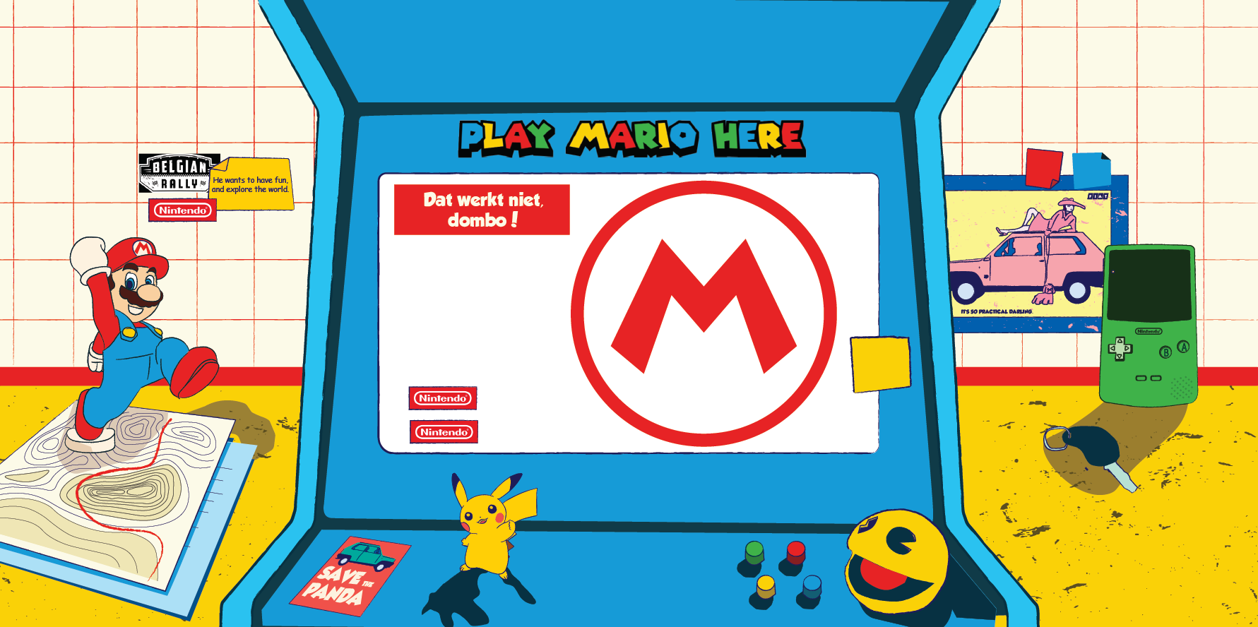 An illustration made by IlseDesign. In the middle you see an old gaming machine with some buttons and the name game panda. Throughout the design there are game and fiat panda references sprinkled in. For instance: A PacMan stressbal, a tool for the panda, a rally map, a Mario Statue, an old Fiat Panda Poster, a gameboy color and a Pikachu Keychain.