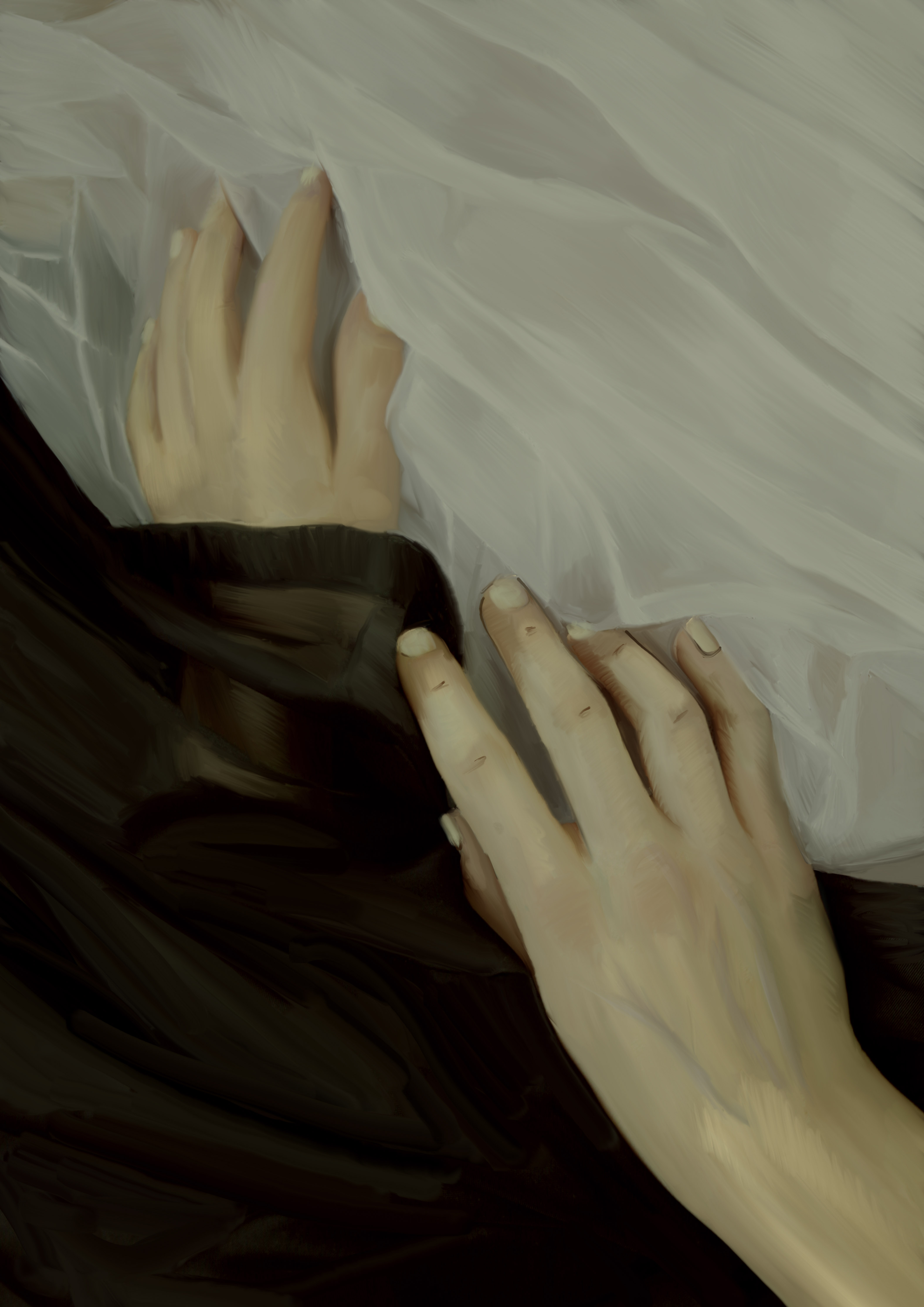 An illustration made by IlseDesign. The illustration shows a beach with a huge campfire. Around the campfire there are 8 people, some of which are cuddling or talking. The two main characters are smiling and talking to eachother.