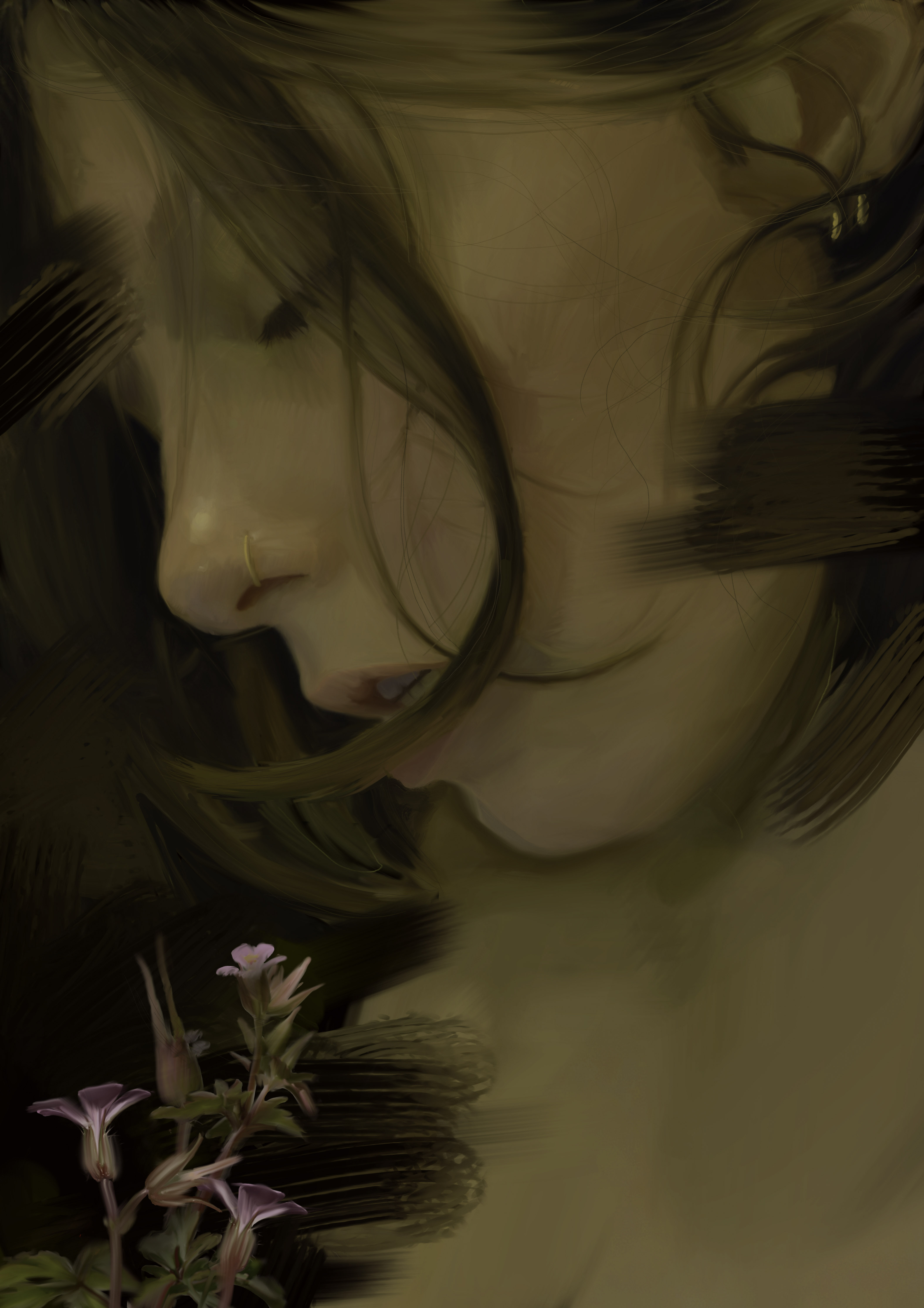 A fantasy poster design made by IlseDesign. In the background there is a purple starry night. There are sunflowers growing in the bottom. On the forground there is a moon, inside of two halfs of a sun. The moon is crying into a cup, that is hold by a hand. The tears form a small puddle on the ground.