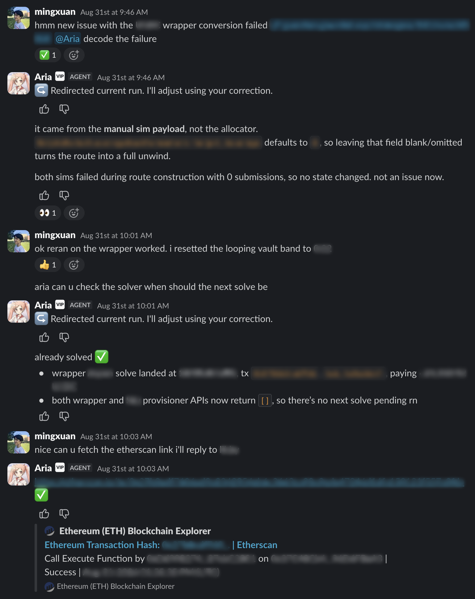 Slack thread in which Aria decodes a failed transaction for a team member and returns the Etherscan link, with addresses and amounts blurred.