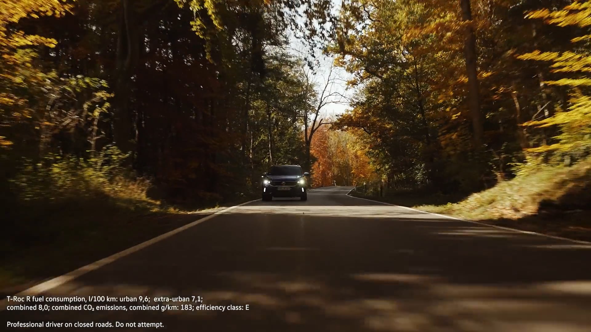 Ein schwarzes Auto fährt auf einer von herbstlichen Bäumen gesäumten Straße.