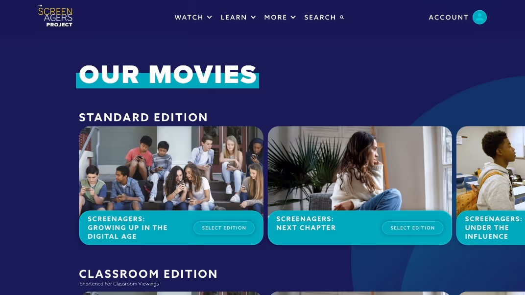 Movies page from the screenagers project