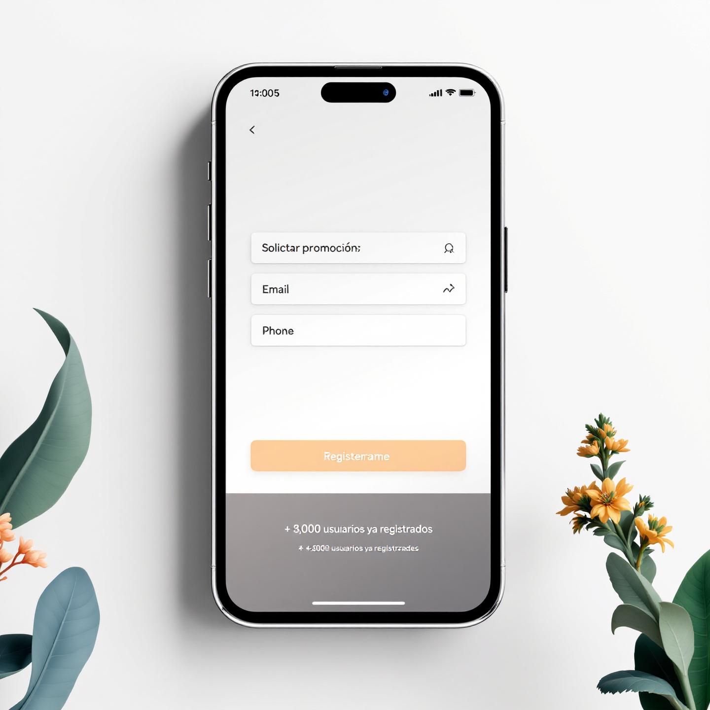 Mockup de smartphone con formulario moderno y limpio para promociones, resaltando confianza con usuarios registrados.