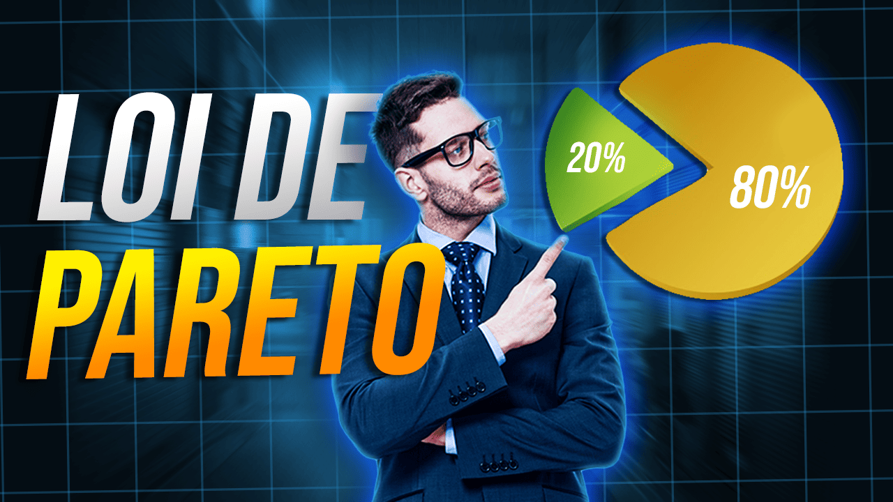 Illustration du principe de Pareto (80/20) avec un graphique circulaire montrant 80 % en jaune et 20 % en vert, et un homme en costume pointant le graphique, sur fond bleu futuriste avec le texte « Loi de Pareto ».