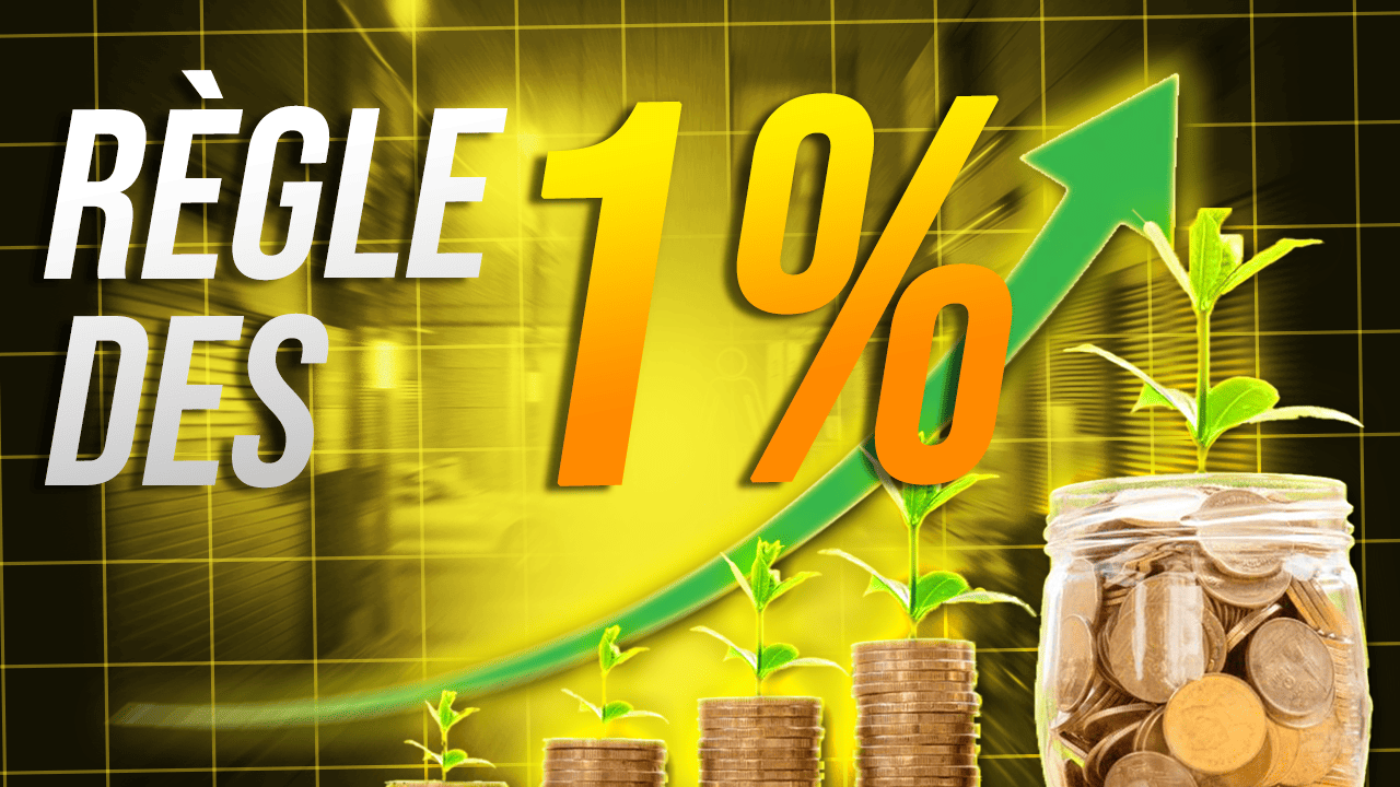 Illustration de la règle des 1 %, avec une flèche verte ascendante, des piles de pièces surmontées de plantes et un bocal rempli de pièces, symbolisant la croissance financière et l’investissement progressif.