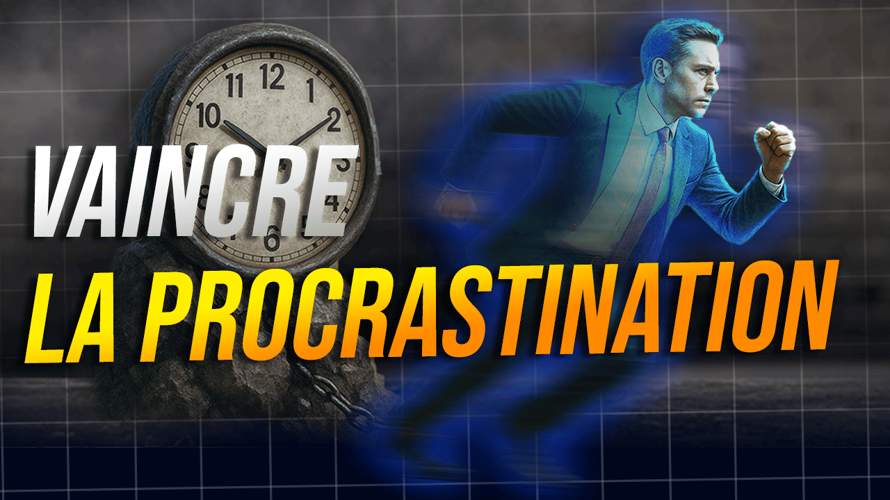 Illustration représentant un homme en costume courant vers l’avant, symbolisant l’action et la motivation, face à une horloge ancienne évoquant le temps qui passe, avec le texte “Vaincre la procrastination”.