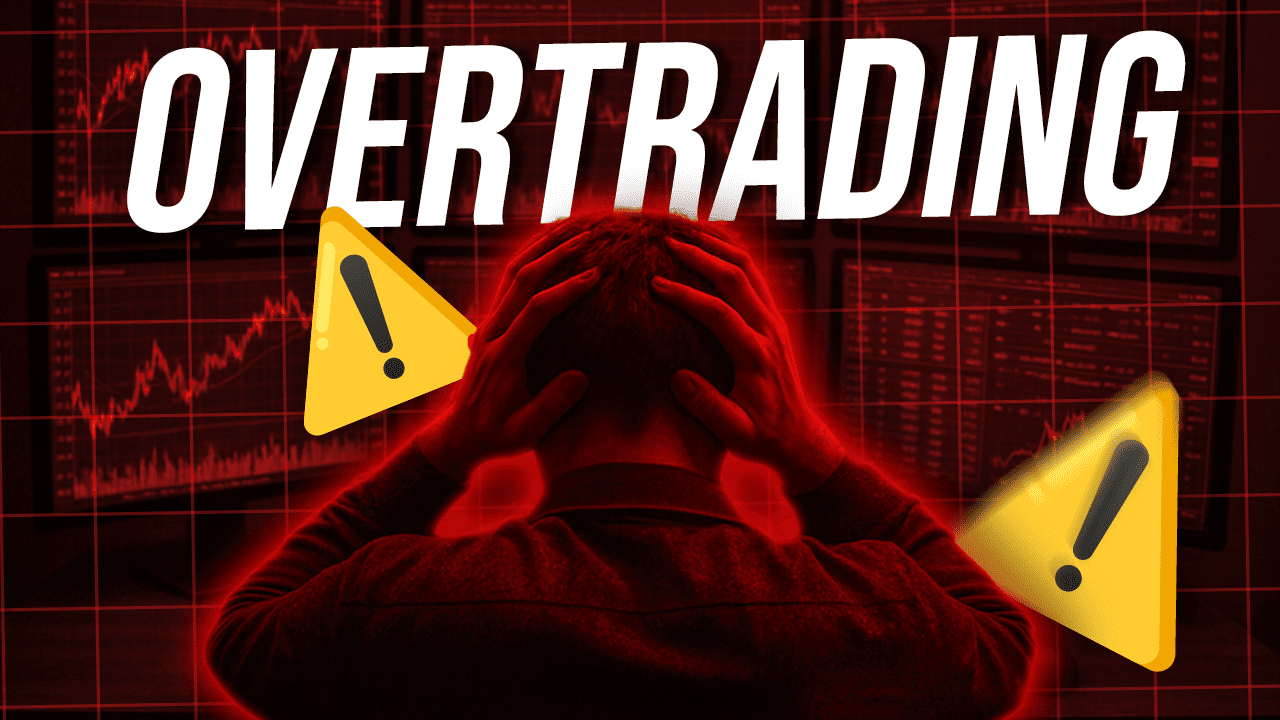 Illustration du surtrading en bourse : un trader stressé se tient la tête devant plusieurs écrans de graphiques financiers rouges, avec le mot « Overtrading » et des symboles d’alerte.