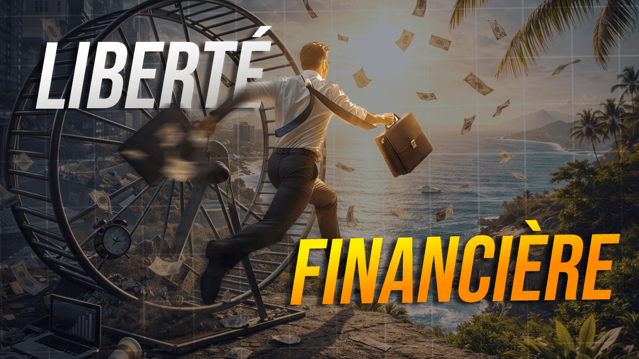 Illustration de la liberté financière avec un homme quittant une roue de hamster vers un paysage paradisiaque, symbolisant l’indépendance financière et la sortie du travail contraignant