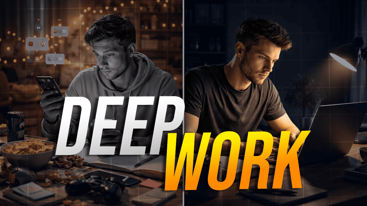 Illustration en écran partagé montrant un homme distrait consultant son téléphone au milieu de snacks, opposé à un homme concentré travaillant sur un ordinateur portable dans un environnement calme, avec le texte « DEEP WORK » au centre.