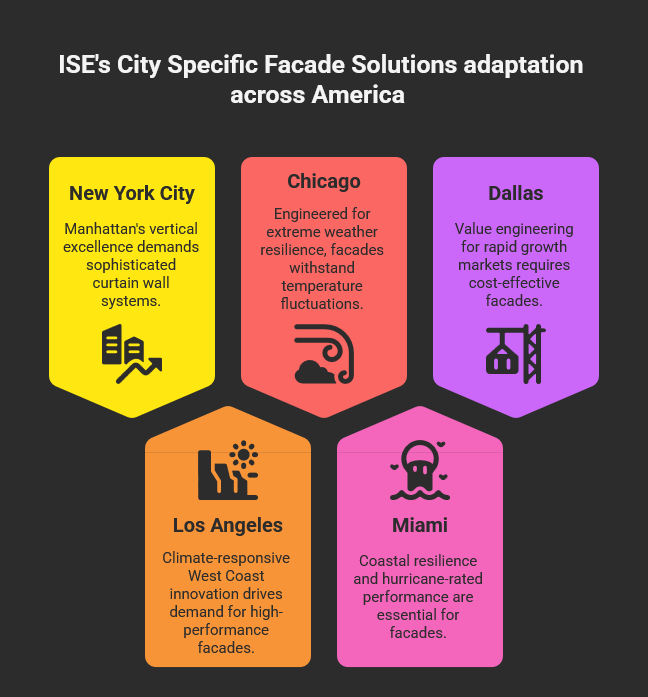 Infographic titled 'ISEs City-Specific Facade Solutions Across America' highlighting tailored facade designs for five major U.S. cities: New York City (sophisticated curtain walls for Manhattan skyscrapers), Chicago (weather-resistant facades for extreme temperatures), Dallas (cost-effective solutions for rapid growth), Los Angeles (climate-responsive, high-performance systems), and Miami (hurricane-rated, coastal-resilient designs). The layout is clean and text-focused, emphasizing regional adaptability.