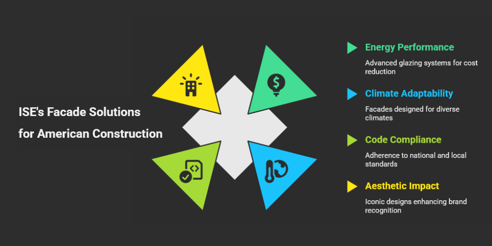 Infographic titled 'ISEs Facade Solutions for American Construction' listing four key benefits: Energy Performance with advanced glazing systems, Climate Adaptability for diverse regions, Code Compliance with national/local standards, and Aesthetic Impact for iconic designs.