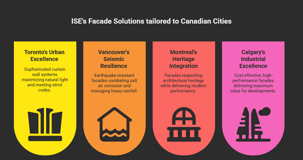 Infographic titled 'ISE's Facade Solutions Tailored to Canadian Cities' showcasing custom facade designs for four major cities: Toronto (code-compliant curtain walls with natural light optimization), Vancouver (seismic and corrosion-resistant systems for coastal climates), Montreal (heritage-sensitive modern facades), and Calgary (cost-effective, high-performance solutions for industrial developments). The layout is structured with clear city headings and concise technical descriptions.
