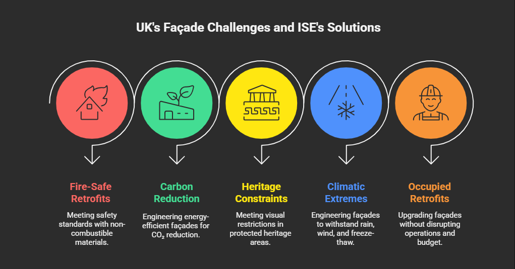 Infographic titled 'UK's Façade Challenges and ISE's Solutions' listing five key challenges: Fire-Safe Retrofits, Carbon Reduction, Heritage Constraints, Climatic Extremes, and Occupied Retrofits, with brief descriptions of ISE's engineering solutions for each