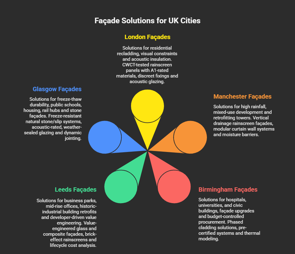 Infographic titled 'Façade Solutions for UK Cities' highlighting tailored engineering approaches for five major cities. Includes: London (residential recladding, acoustic insulation, A1-rated materials), Glasgow (freeze-thaw durability, stone façades, dynamic jointing), Manchester (high rainfall resilience, modular systems), Leeds (value-engineered retrofits, brick-effect rainscreens), and Birmingham (healthcare/education upgrades, phased cladding). Each section lists city-specific challenges and ISE's solutions.