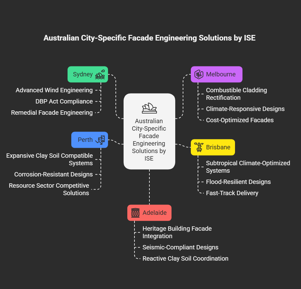 Infographic showcasing ISE's city-specific facade engineering solutions across Australia: Sydney (wind engineering, DBP compliance, remedial works), Melbourne (cladding rectification, climate-responsive designs), Brisbane (flood-resilient systems, fast-track delivery), Perth (corrosion-resistant designs, resource sector solutions), and Adelaide (heritage integration, seismic compliance). Highlights tailored approaches for local challenges.