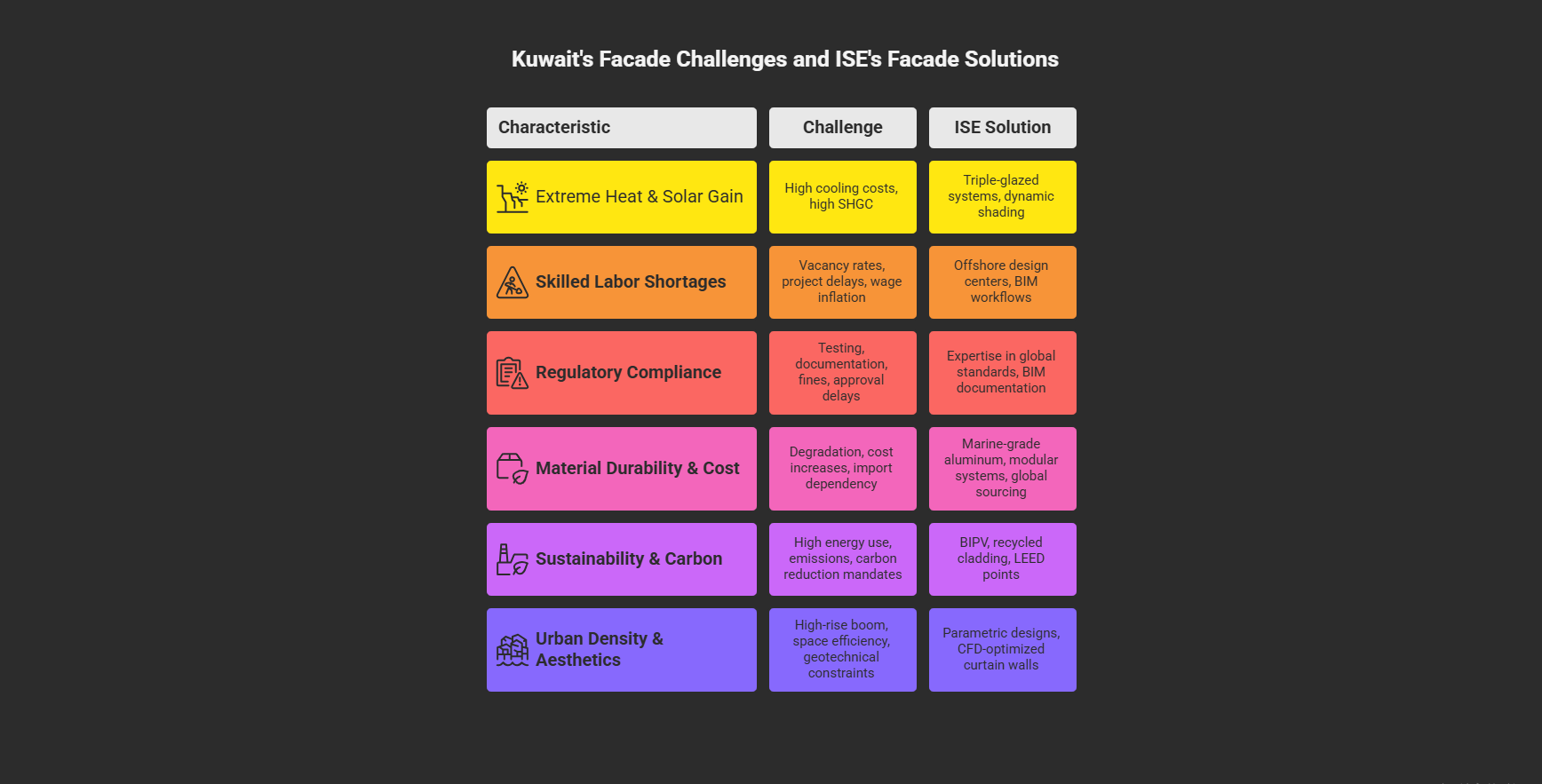 Infographic detailing Kuwait's major facade challenges and iSE's engineering solutions: Extreme Heat (triple-glazing, dynamic shading), Skilled Labor Shortages (offshore BIM teams), Regulatory Compliance (global standards expertise), Material Durability (marine-grade aluminum), Sustainability (BIPV, recycled cladding), and Urban Density (parametric designs). Highlights climate-specific and regulatory solutions for Kuwait's construction market.