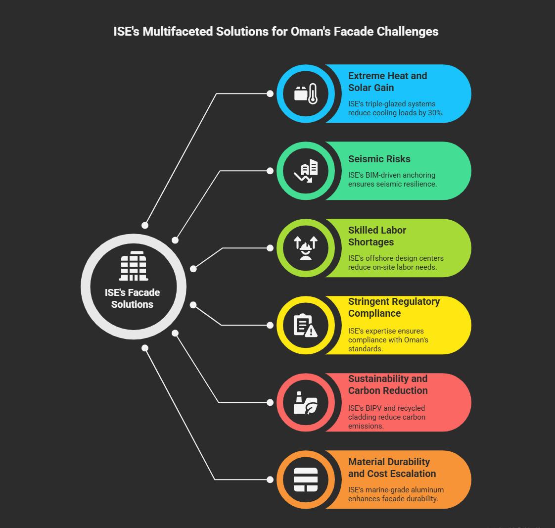 Infographic showcasing ISE's facade engineering solutions for Oman's challenges: Extreme Heat (30% cooling reduction with triple-glazing), Seismic Risks (BIM-driven anchoring), Labor Shortages (offshore design centers), Regulatory Compliance (Omani standards), Sustainability (BIPV/recycled cladding), and Material Durability (marine-grade aluminum). Highlights technical solutions for Oman's climate and construction needs
