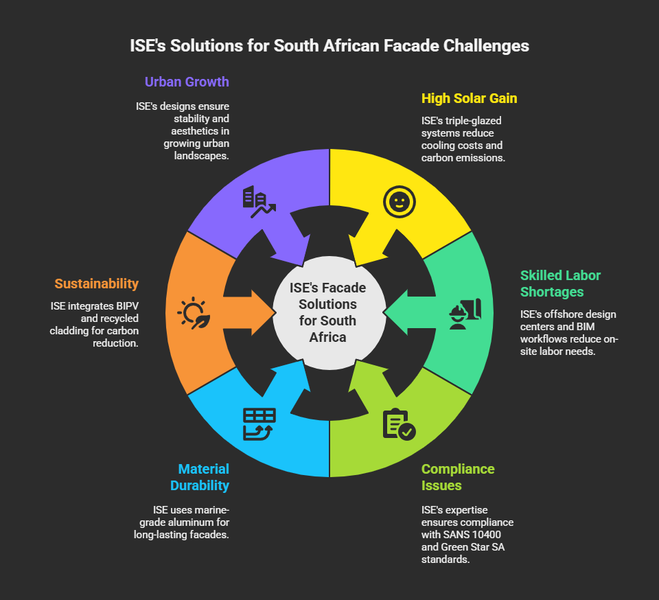 Infographic showcasing ISE's facade engineering solutions for South Africa: Urban growth (stable, aesthetic designs), High solar gain (triple-glazed cooling systems), Sustainability (BIPV/recycled cladding), Material durability (marine-grade aluminum), Labor shortages (offshore BIM teams), and Compliance (SANS 10409/Green Star SA standards). Tailored for South Africa's climate and regulatory needs.