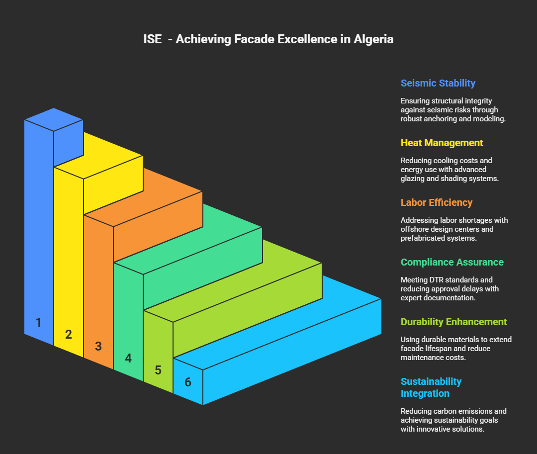 Infographic showcasing ISE's facade engineering solutions for Algeria: Seismic Stability (robust anchoring), Heat Management (advanced glazing), Labor Efficiency (prefabricated systems), Compliance Assurance (DTR standards), Durability Enhancement (long-lasting materials), and Sustainability Integration (low-carbon solutions). Addressing Algeria's unique construction challenges.