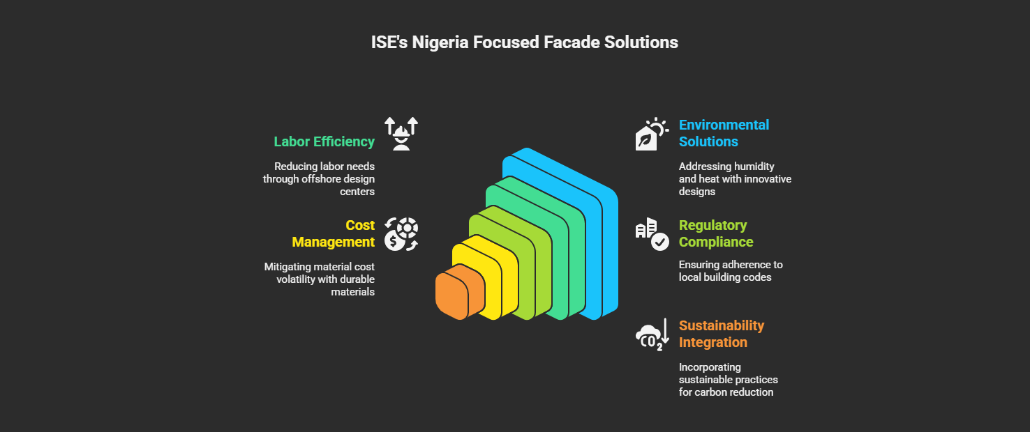 Infographic highlighting ISE's facade engineering solutions for Nigeria: Labor Efficiency (offshore design centers), Cost Management (durable materials for volatile markets), Environmental Solutions (humidity/heat-resistant designs), Regulatory Compliance (local code adherence), and Sustainability Integration (low-carbon practices). Tailored approaches for Nigeria's construction challenges.