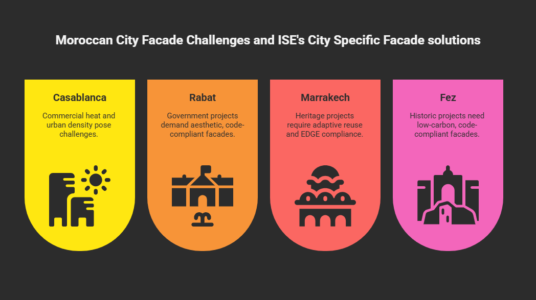 ISE's tailored facade solutions for Moroccan cities: Casablanca (commercial heat & urban density systems), Rabat (aesthetic government-compliant designs), Marrakech (heritage EDGE-compliant retrofits), and Fez (low-carbon historic preservation). Custom engineering for Morocco's diverse architectural and climate challenges.