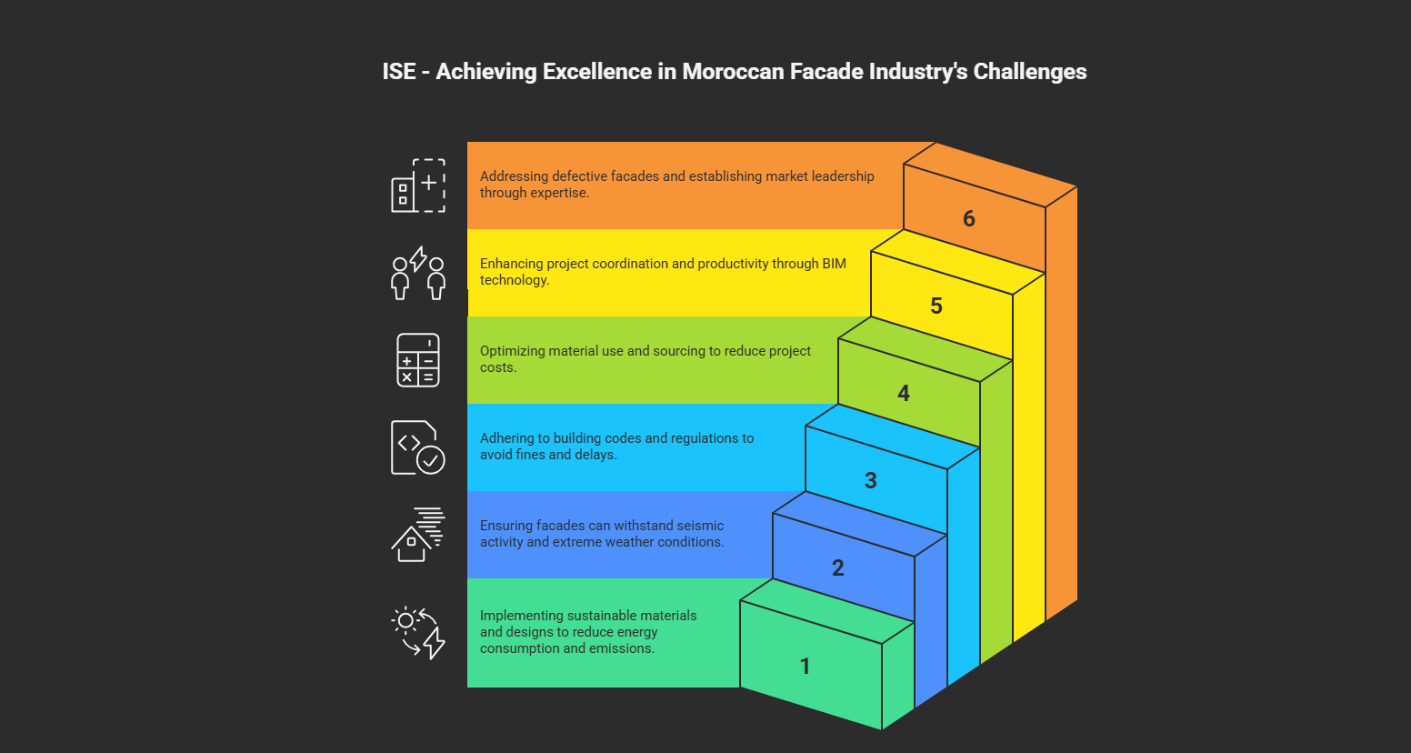 Infographic showcasing ISE's facade engineering solutions for Morocco: Defective facade remediation, BIM-driven project coordination, cost-optimized material sourcing, regulatory compliance (local building codes), seismic/weather resilience, and sustainable design integration. Addressing Morocco's construction challenges through technical expertise and innovation.