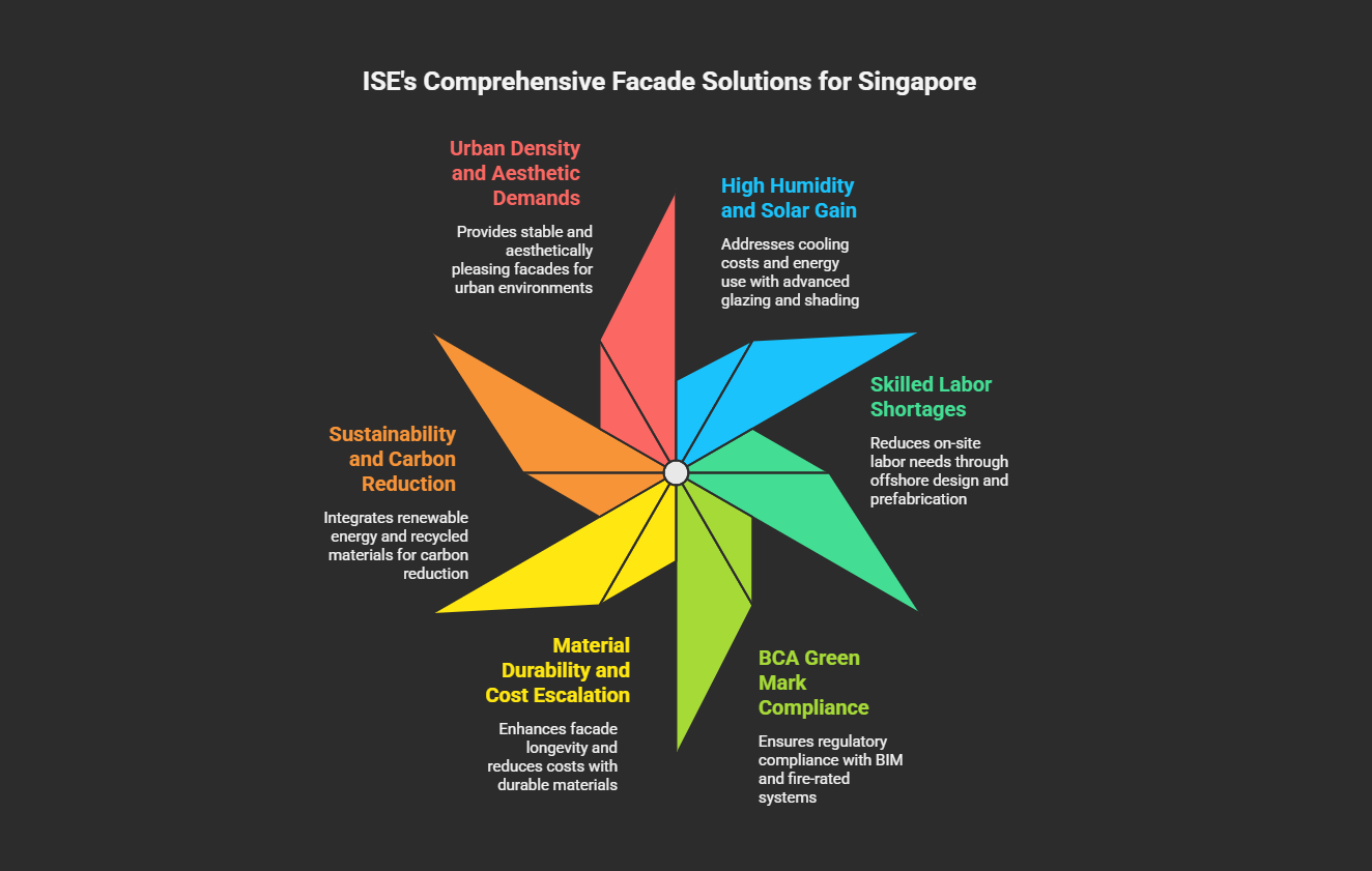 Infographic of ISE's facade solutions for Singapore: Urban Density (aesthetic high-rise systems), High Humidity (advanced glazing/shading), Sustainability (renewable energy integration), Material Durability (cost-efficient long-life materials), Labor Efficiency (offshore prefabrication), and BCA Green Mark Compliance (BIM-certified fire-rated systems). Tailored for Singapore's tropical urban environment.