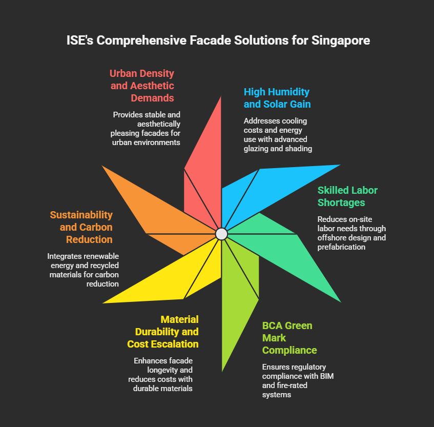 Infographic of ISE's facade solutions for Singapore: Urban Density (aesthetic high-rise systems), High Humidity (advanced glazing/shading), Sustainability (renewable energy integration), Material Durability (cost-efficient long-life materials), Labor Efficiency (offshore prefabrication), and BCA Green Mark Compliance (BIM-certified fire-rated systems). Tailored for Singapore's tropical urban environment.