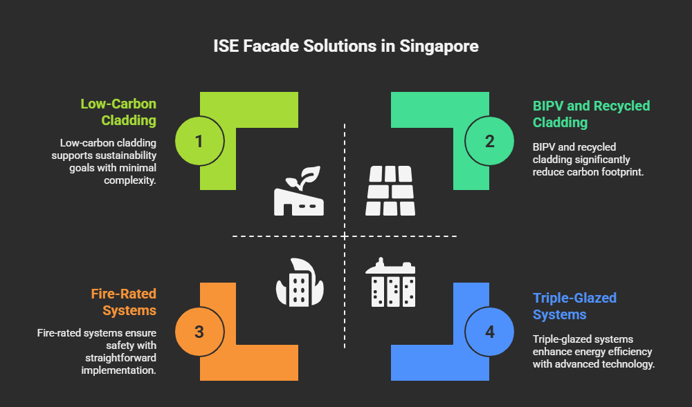 Infographic showcasing ISE's sustainable facade solutions for Singapore: Low-Carbon Cladding (simple implementation), Fire-Rated Systems (safety compliance), BIPV & Recycled Cladding (carbon reduction), and Triple-Glazed Systems (energy efficiency). Highlights eco-friendly technologies meeting Singapore's BCA Green Mark standards.