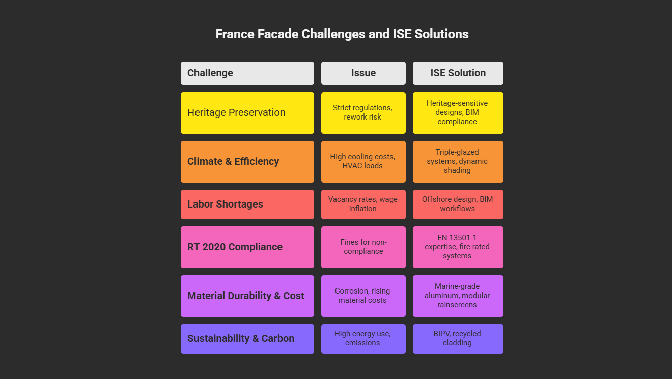 Infographic of ISE's facade solutions for France: Heritage Preservation (BIM-compliant sensitive designs), Climate Efficiency (triple-glazed dynamic shading), Labor Shortages (offshore BIM workflows), RT 2020 Compliance (EN 13501-1 fire-rated systems), Material Durability (marine-grade aluminum rainscreens), and Carbon Reduction (BIPV/recycled cladding). Addresses France's strict preservation, efficiency, and sustainability mandates.