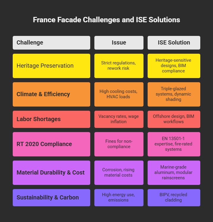 Infographic of ISE's facade solutions for France: Heritage Preservation (BIM-compliant sensitive designs), Climate Efficiency (triple-glazed dynamic shading), Labor Shortages (offshore BIM workflows), RT 2020 Compliance (EN 13501-1 fire-rated systems), Material Durability (marine-grade aluminum rainscreens), and Carbon Reduction (BIPV/recycled cladding). Addresses France's strict preservation, efficiency, and sustainability mandates.