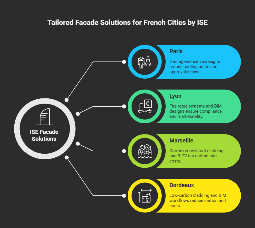 Infographic of ISE's tailored facade solutions for French cities: Paris (heritage-compliant cooling-efficient designs), Lyon (fire-rated BIM-compliant systems), Marseille (corrosion-resistant BIPV cladding), and Bordeaux (low-carbon BIM-optimized facades). Addresses France's unique preservation, regulatory, and sustainability challenges city by city.