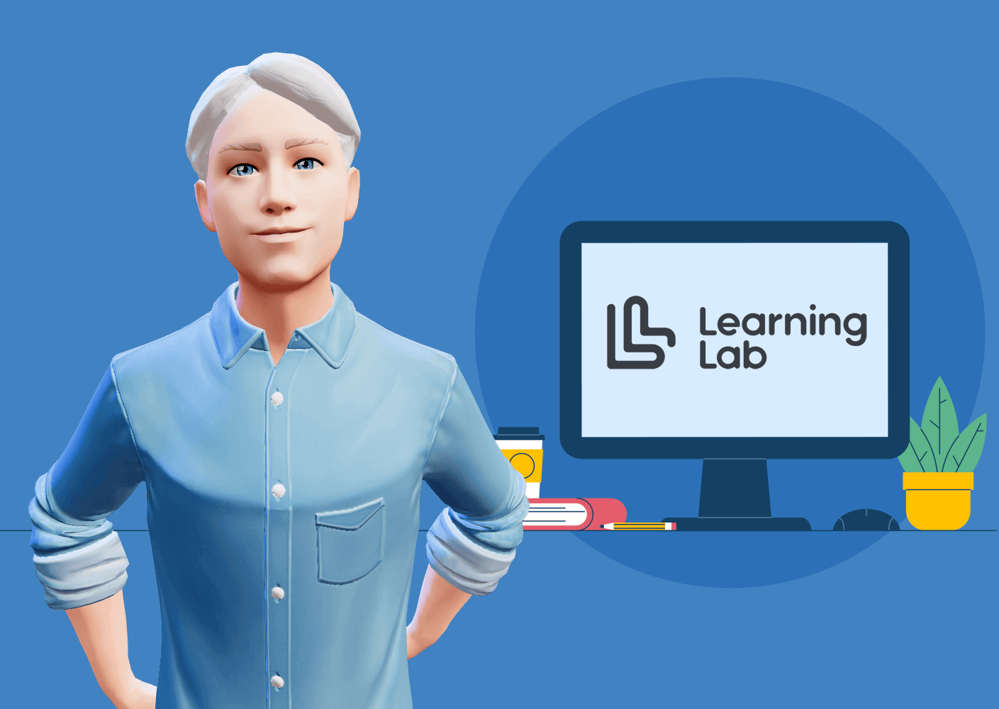 avatar docent met scherm elearning op achtergrond