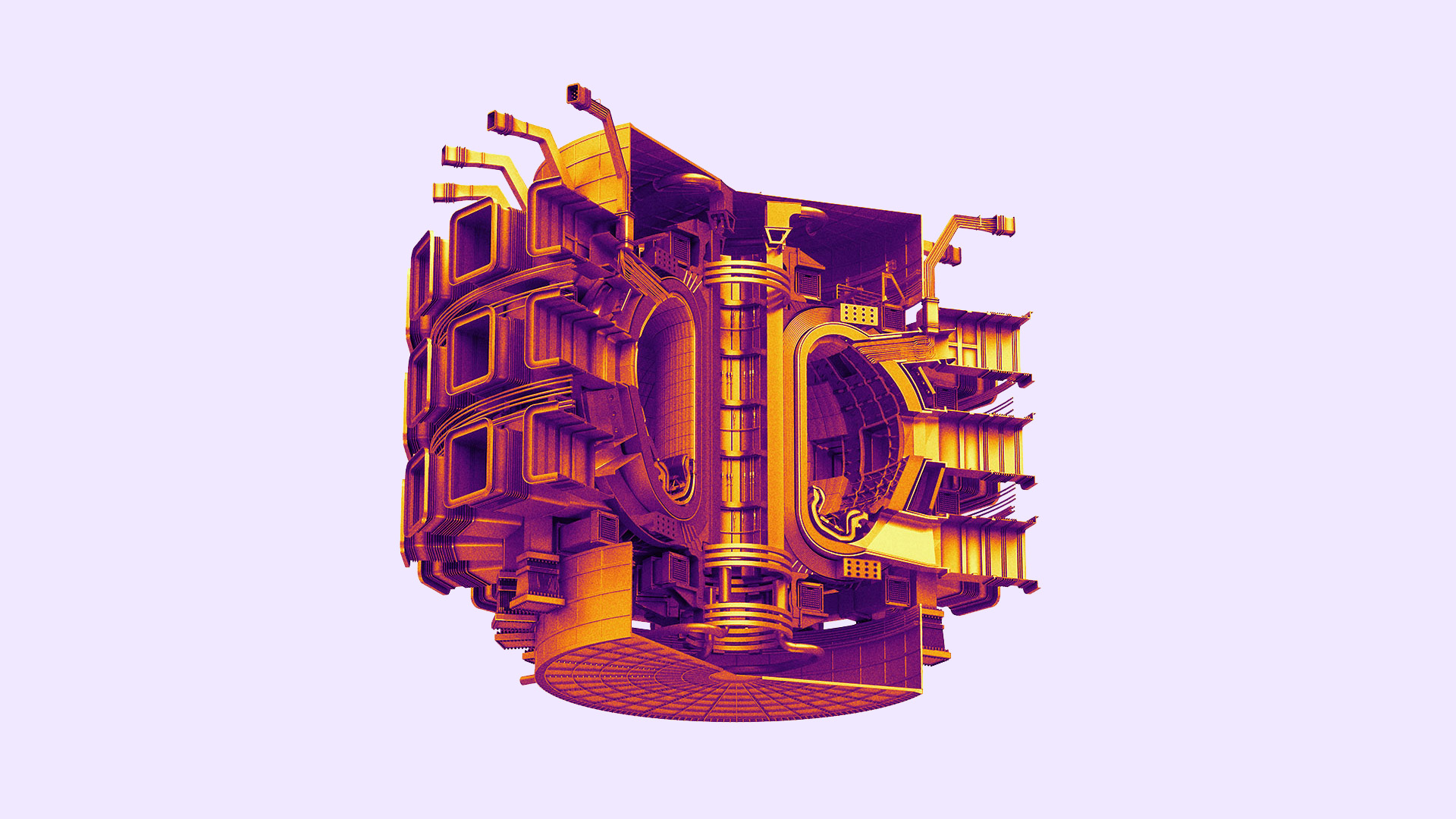 Purple rendering of a Tokamak cut open to show interior
