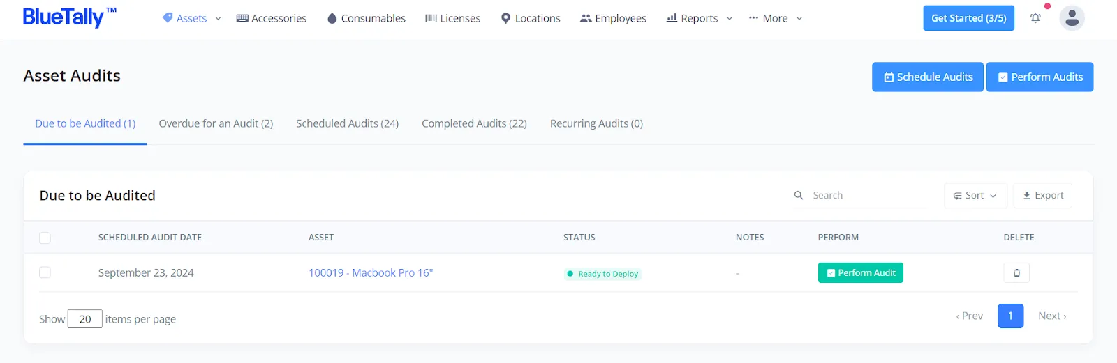BlueTally dashboard for asset audits.